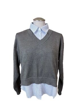 Arden B Y2K Cropped Layered Sweater Preppy Dark Academia Striped Shirt 2-in-1